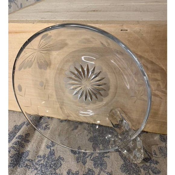 Vintage Etched Glass Butterfly Flowers Nappy Bowl with Handle - Picture 1 of 10